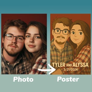Peut inclure: Comparaison c&ocirc;te &agrave; c&ocirc;te d'une photo et d'une affiche de dessin anim&eacute;. La photo montre un jeune couple en chemises &agrave; carreaux et lunettes. L'affiche pr&eacute;sente une version dessin anim&eacute; du couple, avec les noms "Tyler et Alyssa" et la date "3/21/2024".