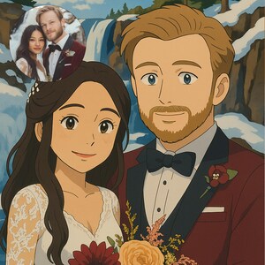 Peut inclure: Illustration de style anime d'un couple le jour de son mariage. La mari&eacute;e porte une robe en dentelle blanche et tient un bouquet. Le mari&eacute; porte un costume bordeaux avec un n&oelig;ud papillon noir. Une petite image du couple est dans le coin sup&eacute;rieur gauche.