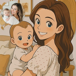 Peut inclure: Illustration de style dessin anim&eacute; d'une m&egrave;re et d'un b&eacute;b&eacute;. La m&egrave;re a les cheveux bruns et porte un haut blanc &agrave; pois rouges. Le b&eacute;b&eacute; porte un body blanc. Une petite image de la m&egrave;re et du b&eacute;b&eacute; est dans le coin sup&eacute;rieur gauche.