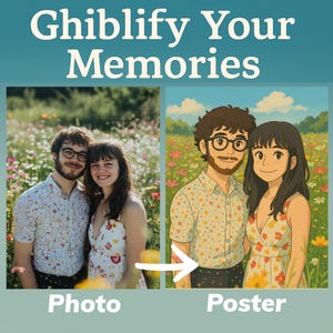 Peut inclure: Image montrant une photo et une version affiche d'un couple dans un champ de fleurs. Le texte en haut dit "Ghiblify Your Memories". La version affiche est une illustration anim&eacute;e de la photo.