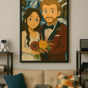 Peut inclure: Tableau encadr&eacute; repr&eacute;sentant un portrait de mariage de style dessin anim&eacute;. Le couple est repr&eacute;sent&eacute; dans un d&eacute;cor panoramique avec une cascade. Le mari&eacute; porte un costume bordeaux et la mari&eacute;e tient un bouquet de fleurs.