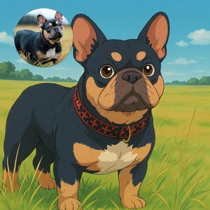 Peut inclure: Illustration d'un bouledogue fran&ccedil;ais avec un pelage noir et beige, portant un collier rouge avec une boucle dor&eacute;e. Le chien se tient dans un champ herbeux sous un ciel bleu. Une petite image du chien est dans le coin sup&eacute;rieur gauche.