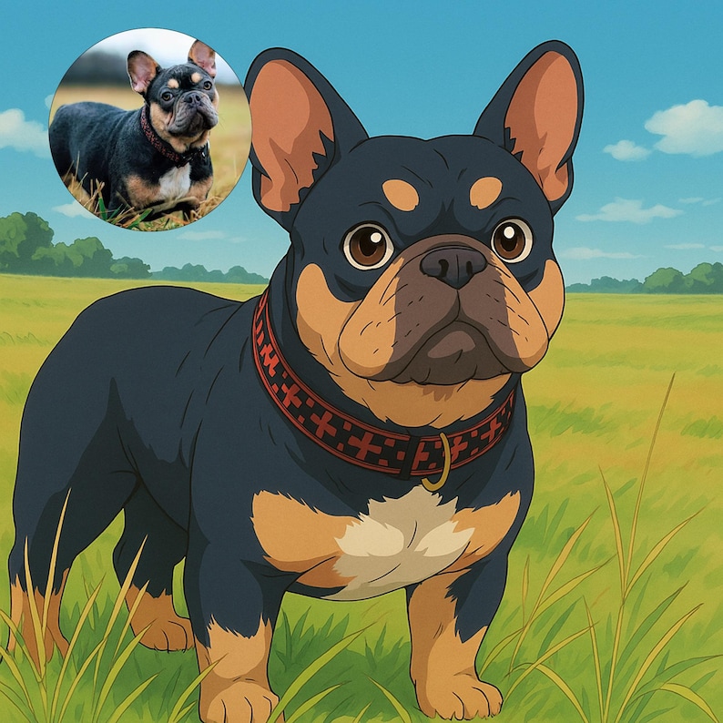 Peut inclure: Illustration d'un bouledogue fran&ccedil;ais avec un pelage noir et beige, portant un collier rouge avec une boucle dor&eacute;e. Le chien se tient dans un champ herbeux sous un ciel bleu. Une petite image du chien est dans le coin sup&eacute;rieur gauche.