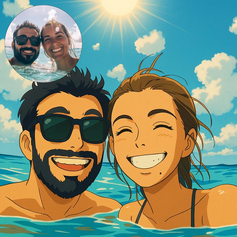 Peut inclure: Image anim&eacute;e d'un couple souriant dans l'oc&eacute;an, portant des lunettes de soleil. Une petite photo du couple dans l'eau est dans le coin sup&eacute;rieur gauche. Le ciel est bleu avec des nuages blancs et le soleil brille.