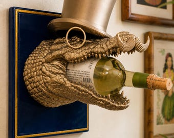 Alligator Wine Bottle Holder Wall Mount, Funny Bar Decor, Wine Lover Gift