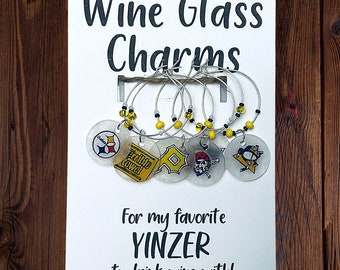 Hand Drawn Pittsburgh Sports Wine Glass Charms, Personalization Optional