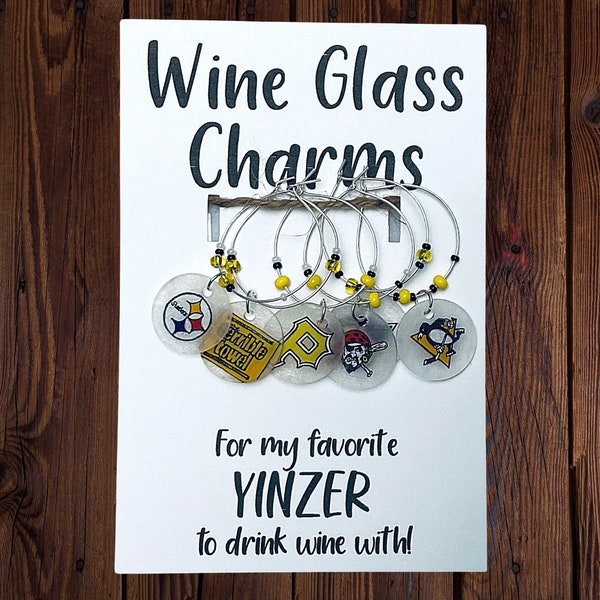 Hand Drawn Pittsburgh Sports Wine Glass Charms, Personalization Optional