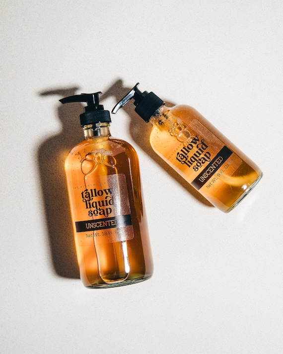 Tallow Liquid Soap - 100% Grass Fed, All Natural, Glass Pump Bottle, Hand & Body, Shampoo, Dish and Kitchen, Gentle but Cleansing, Unscented