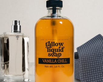 Jabón líquido de sebo MASCULINO / Perfumado con hierbas de pasto, botella con dosificador de vidrio, para manos y cuerpo, champú, lavavajillas y cocina, naturalmente suave pero limpiador.