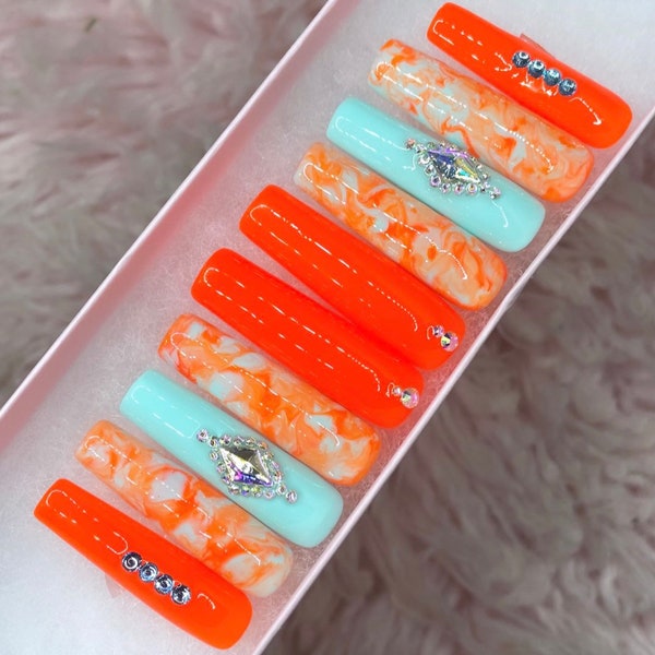 Neon Orange Turquoise Marble Bling Press On Nails | Glue On Nails | Beauty | Cosmetics