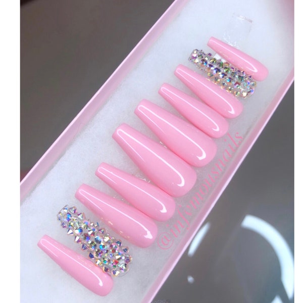 Baby Pink Press On Nails | Bling Nails | Crystal Nails | Glue On Nails | Long Coffin | Beauty | Cosmetics