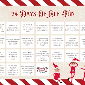 Può includere: Un calendario natalizio intitolato "24 Days Of Elf Fun" con bordi a righe rosse e bianche. Il calendario presenta varie attività degli elfi, tra cui lasciare biglietti, fare angeli di neve e organizzare una gara con macchinine.