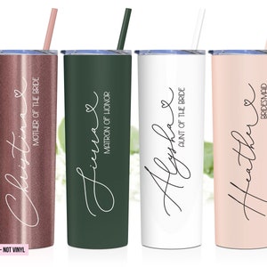 Bridesmaid tumbler, maid of honor gift, matron of honor tumbler, bridal party cups. 20 ounce stainless steel tumbler for bridal party. Colors shown from left to right: Rose Gold, Matte Pine Needle, White, Matte Blush. Personalize with name and title.