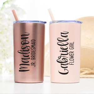 12 ounce stainless steel tumbler.  Can be personalized with name and title--Junior Bridesmaid Tumbler or Flower Girl or Ring Bearer Tumbler. Made with direct UV Print.