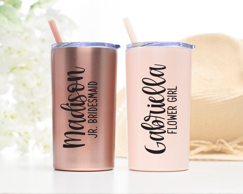 12 ounce stainless steel tumbler.  Can be personalized with name and title--Junior Bridesmaid Tumbler or Flower Girl or Ring Bearer Tumbler. Made with direct UV Print.