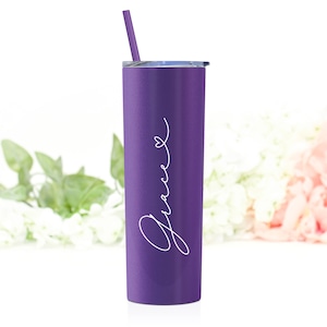Personalized 20 ounce stainless steel tumbler shown in matte purple with white print. Includes lid and matching straw.