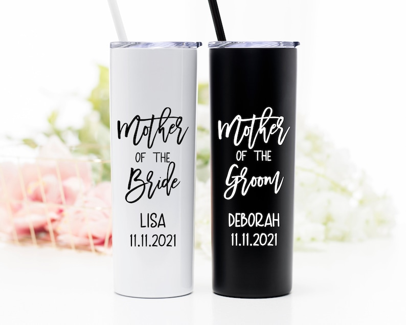 Gift for Mother of the Bride or Groom Tumbler with Name and Wedding Date Mother of the Groom Gift Stepmom of the Bride Cup S2 image 1