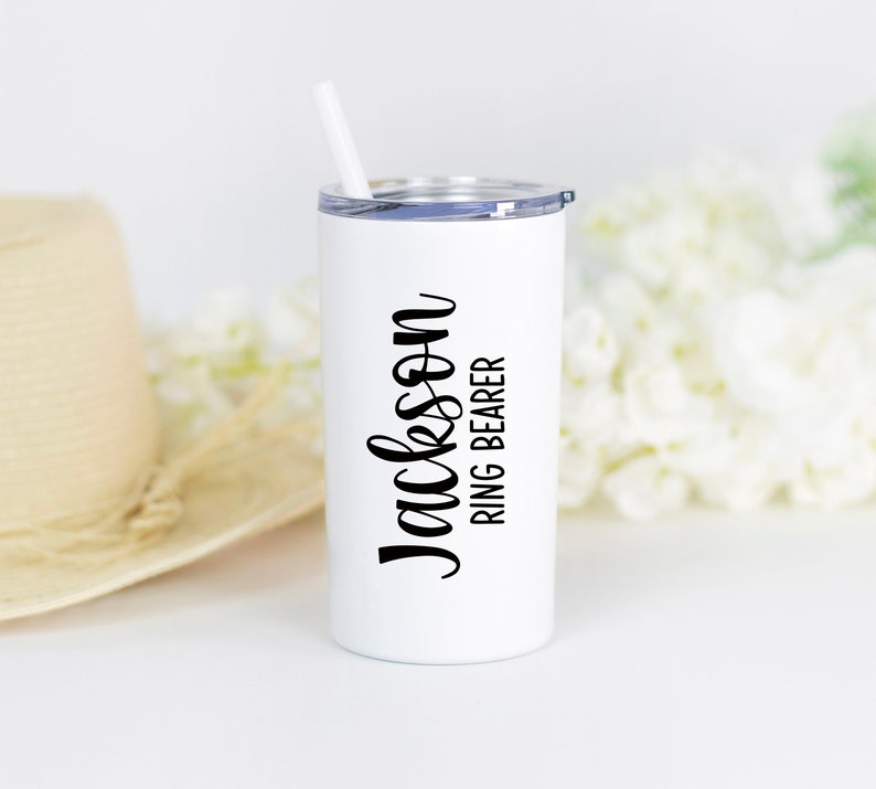 12 ounce stainless steel tumbler.  Can be personalized with name and title--Junior Bridesmaid Tumbler or Flower Girl or Ring Bearer Tumbler. Made with direct UV Print.