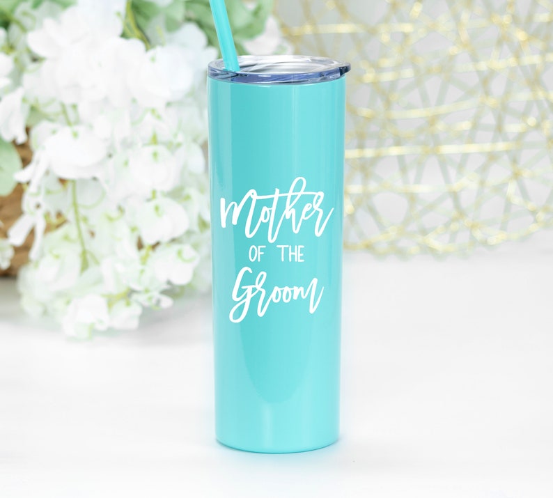 20 ounce stainless steel tumbler with Mother of the bride or groom printed on the front.  Includes lid and straw. Personalized with direct UV print. Can be personalized with name and wedding date.
