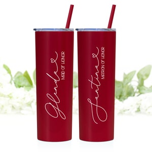 20 ounce Stainless steel tumbler shown in Matte Red with straw and lid personalized with UV print.