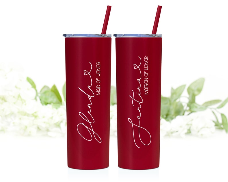 20 ounce Stainless steel tumbler shown in Matte Red with straw and lid personalized with UV print.