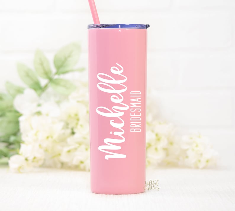 wedding party tumbler, includes one name and title per tumbler for mother of the bride or mother of the groom or sister of the bride or groom, or maid of honor or bridesmaid or matron of honor.