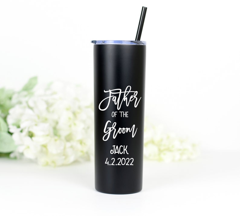 20 Ounce stainless steel tumbler with your choice of Father of the Bride or Father of the Groom or Stepfather of the Bride or Stepfather of the Groom printed on the front. Made with direct UV print.