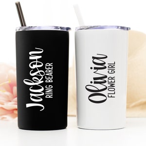 12 ounce stainless steel tumbler.  Can be personalized with name and title--Junior Bridesmaid Tumbler or Flower Girl or Ring Bearer Tumbler. Made with direct UV Print.