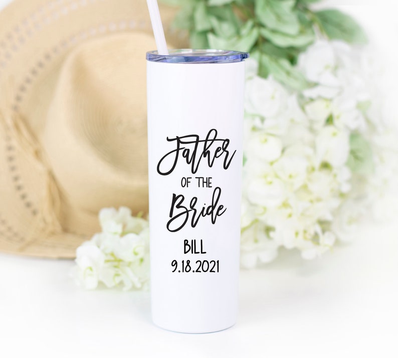 20 Ounce stainless steel tumbler with your choice of Father of the Bride or Father of the Groom or Stepfather of the Bride or Stepfather of the Groom printed on the front. Made with direct UV print.