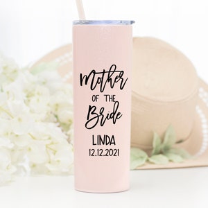 20 ounce stainless steel tumbler with Mother of the bride or groom printed on the front.  Includes lid and straw. Personalized with direct UV print.