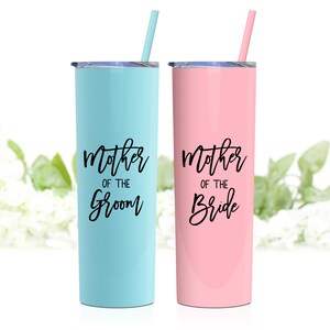 Mother of the bride gift or mother of the groom gift - 20 ounce stainless steel tumbler for mother of the bride or groom. Shown in Seafoam (left) and Pink (right). Both shown with black print.