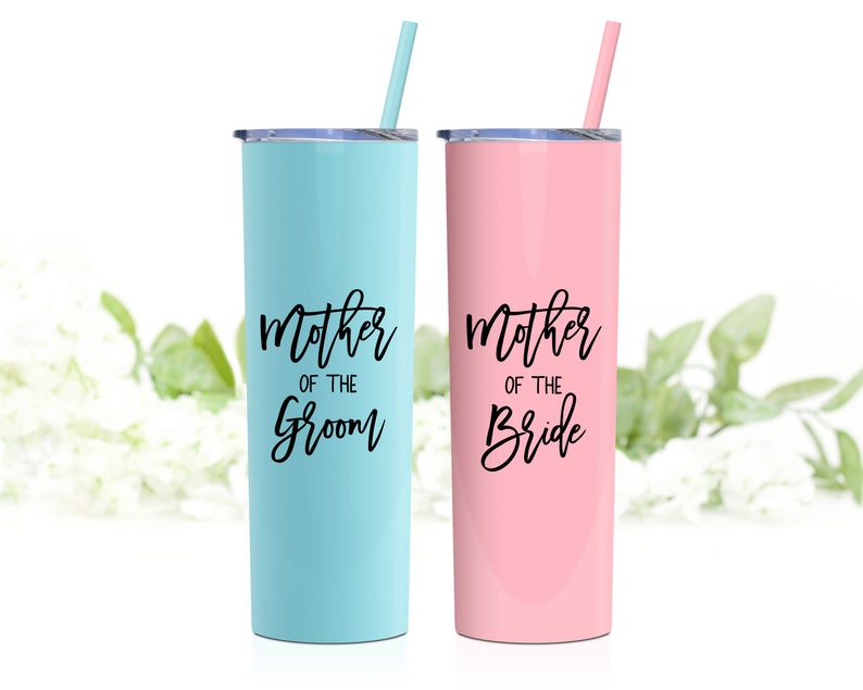 Mother of the bride gift or mother of the groom gift - 20 ounce stainless steel tumbler for mother of the bride or groom. Shown in Seafoam (left) and Pink (right). Both shown with black print.