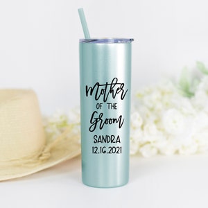 20 ounce stainless steel tumbler with Mother of the bride or groom printed on the front.  Includes lid and straw. Personalized with direct UV print.