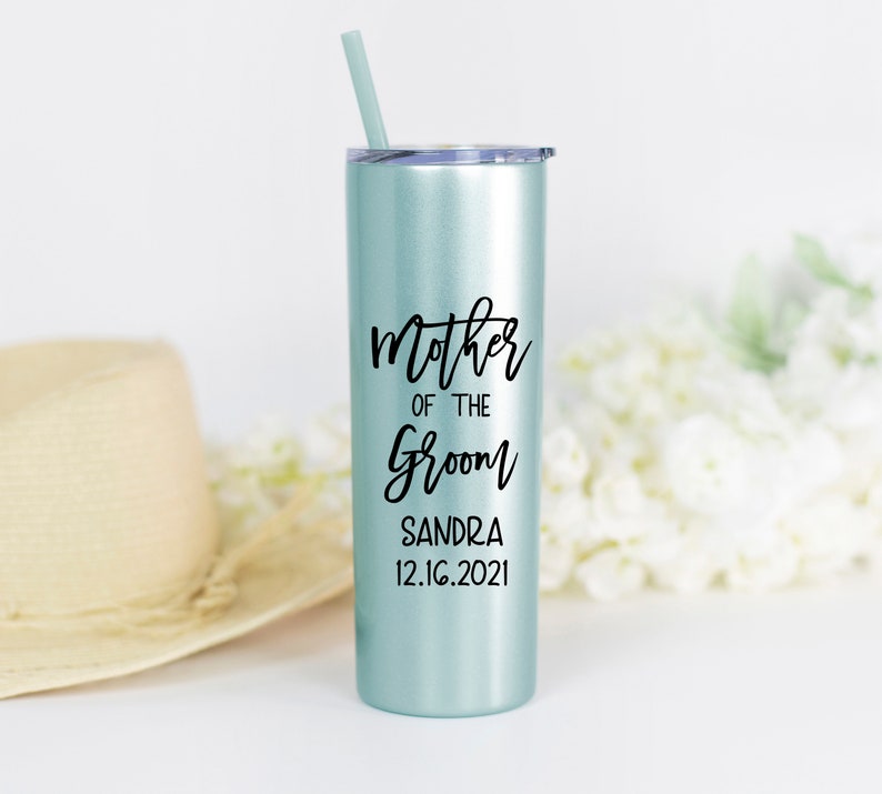 20 ounce stainless steel tumbler with Mother of the bride or groom printed on the front.  Includes lid and straw. Personalized with direct UV print.