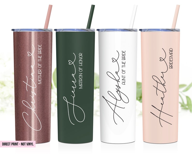 Bridesmaid tumbler, maid of honor gift, matron of honor tumbler, bridal party cups. 20 ounce stainless steel tumbler for bridal party. Colors shown from left to right: Rose Gold, Matte Pine Needle, White, Matte Blush. Personalize with name and title.