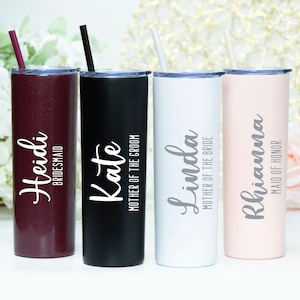 wedding party tumbler, includes one name and title per tumbler for mother of the bride or mother of the groom or sister of the bride or groom, or maid of honor or bridesmaid or matron of honor.