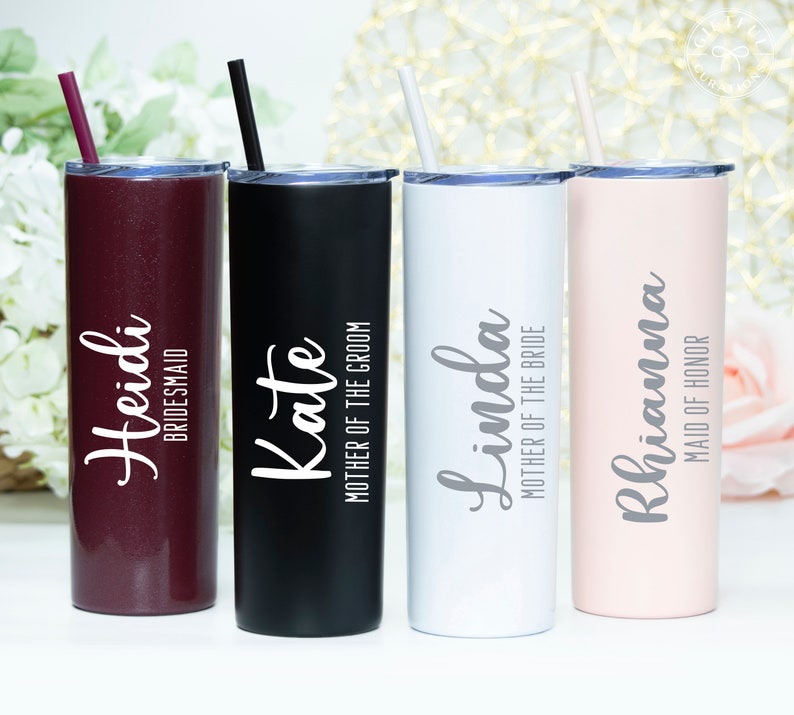 wedding party tumbler, includes one name and title per tumbler for mother of the bride or mother of the groom or sister of the bride or groom, or maid of honor or bridesmaid or matron of honor.