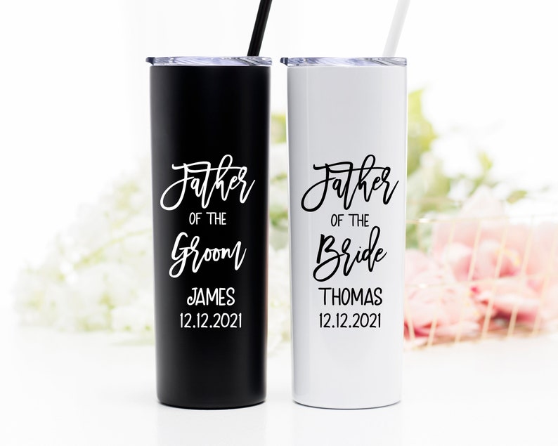 20 Ounce stainless steel tumbler with your choice of Father of the Bride or Father of the Groom or Stepfather of the Bride or Stepfather of the Groom printed on the front. Made with direct UV print.