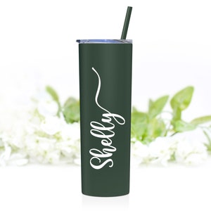 Personalized 20 ounce stainless steel tumbler with lid and matching straw. Shown in matte pine needle.  A title can be added below the name for everyone in your bridal party.
