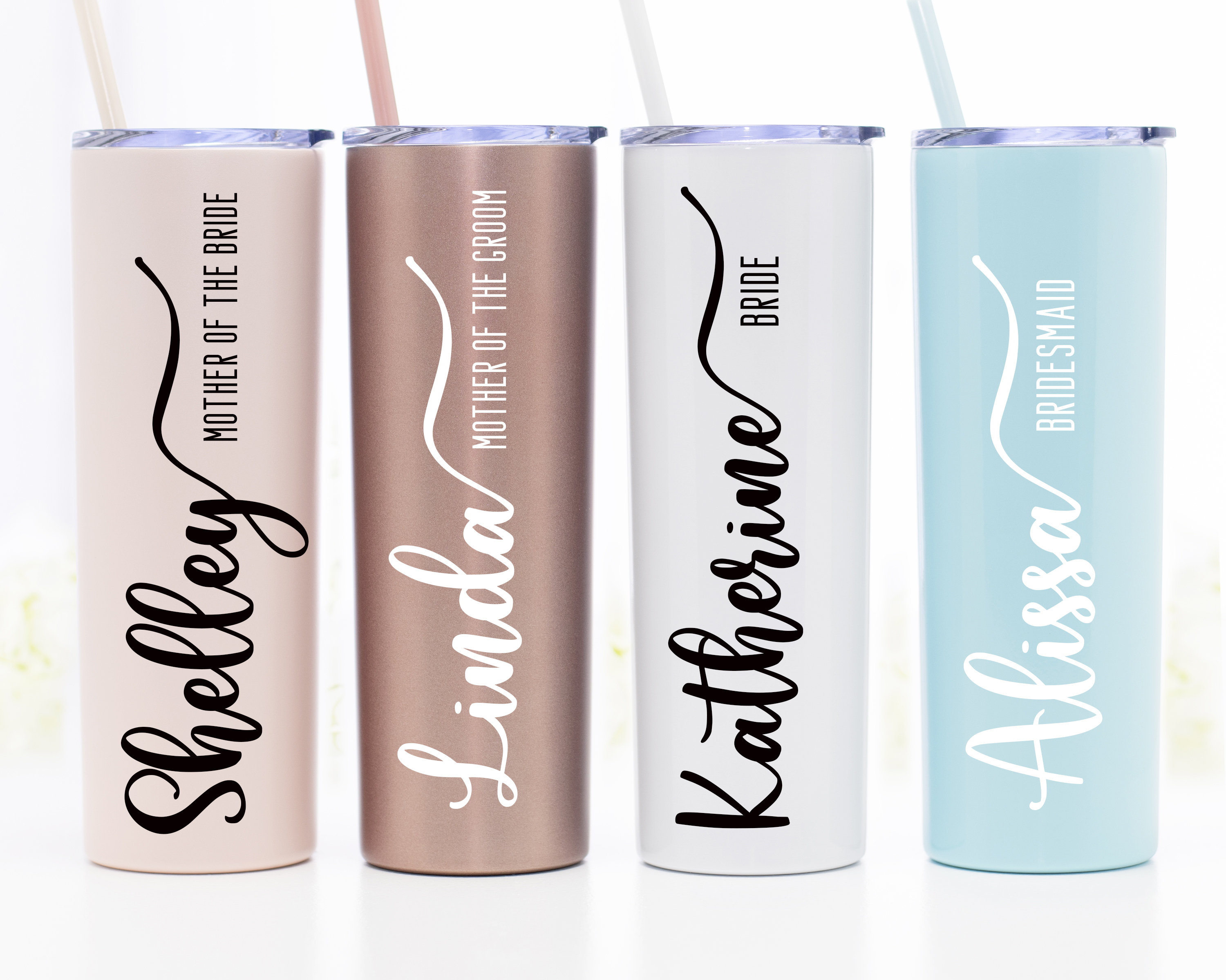 Personalized Tall Metal Tumblers with Lid and Straw Bridesmaid Gifts R –  The Native Bride