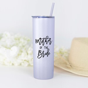 20 ounce stainless steel mother of the bride tumbler with lid and straw, shown in Glitter Lilac with black UV print.