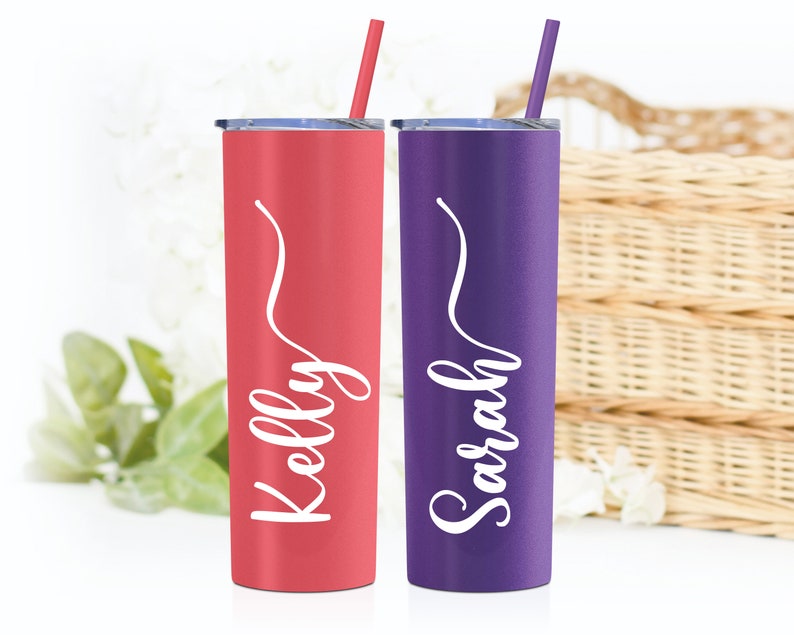 Personalized 20 ounce stainless steel tumbler with name, includes lid and straw. Shown in Matte Coral and Matte Grape with white print. A title can be added for bridesmaid, maid of honor, matron of honor, mother of the bride, and entire wedding party