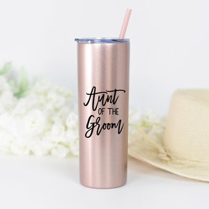 20 ounce stainless steel tumbler with aunt of the bride or groom printed on the front.  Includes lid and straw. Personalized with direct UV print.