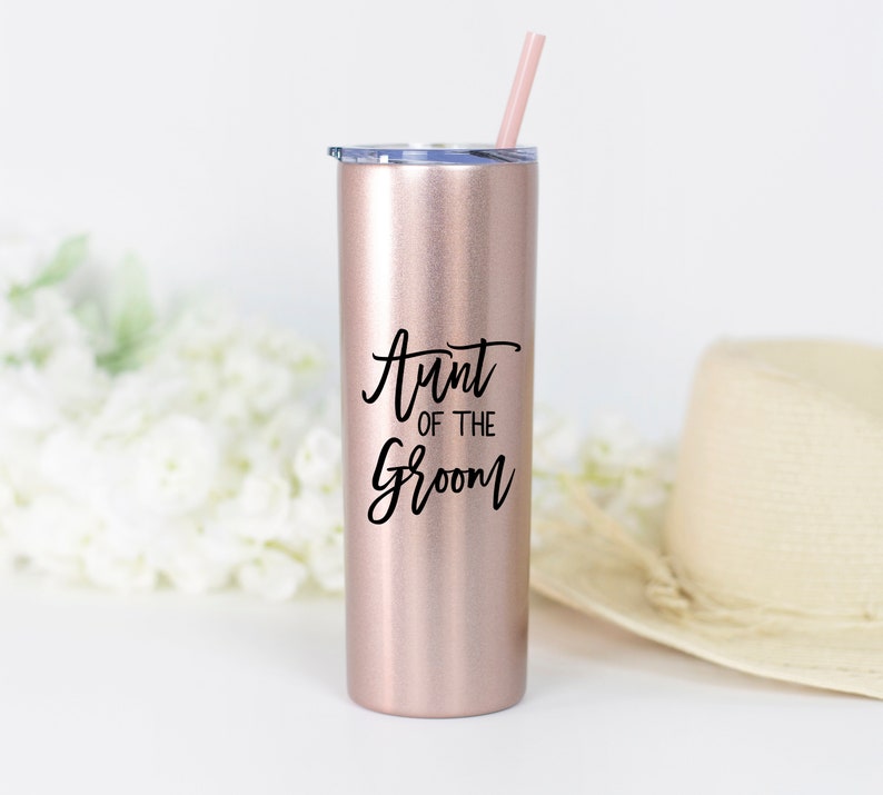 20 ounce stainless steel tumbler with aunt of the bride or groom printed on the front.  Includes lid and straw. Personalized with direct UV print.