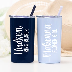 12 ounce stainless steel tumbler.  Can be personalized with name and title--Junior Bridesmaid Tumbler or Flower Girl or Ring Bearer Tumbler. Made with direct UV Print.