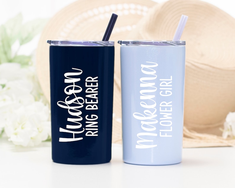 12 ounce stainless steel tumbler.  Can be personalized with name and title--Junior Bridesmaid Tumbler or Flower Girl or Ring Bearer Tumbler. Made with direct UV Print.