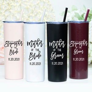 20 ounce stainless steel tumbler with Mother of the bride or groom printed on the front.  Includes lid and straw. Personalized with direct UV print. Can be personalized with name and wedding date.