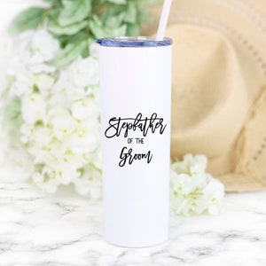 20 Ounce stainless steel tumbler with your choice of Father of the Bride or Father of the Groom or Stepfather of the Bride or Stepfather of the Groom printed on the front. Made with direct UV print.