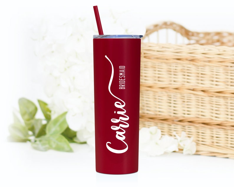 20 ounce personalized stainless steel tumbler with name and title. Shown in matte red with white print. Includes lid and matching straw.