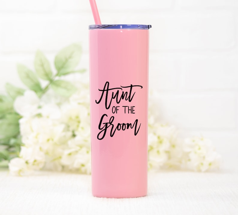 20 ounce stainless steel tumbler with aunt of the bride or groom printed on the front.  Includes lid and straw. Personalized with direct UV print.